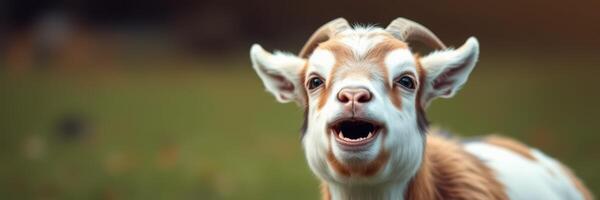 Playful young goat enjoying a sunny day on a farm in the countryside, showcasing its joyful demeanor as it interacts with surroundings photo