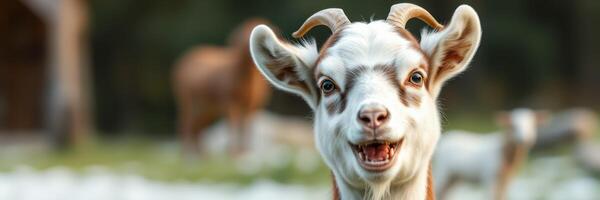 Goat happily grazing in a vibrant farm setting during a sunny afternoon photo