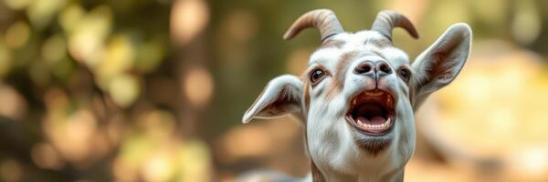 Curious young goat interacting in the sunlight at a rural farm during the afternoon photo