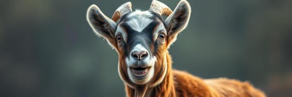 Goat with a friendly expression looking directly at the camera in a natural outdoor setting during daylight photo