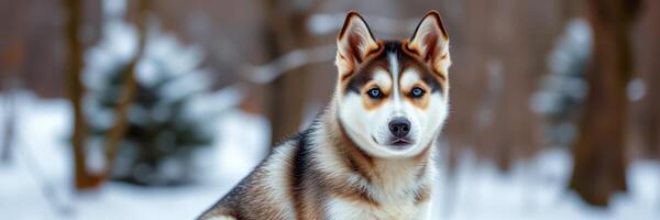 Husky dog sitting in a snowy forest during winter season surrounded by trees and soft snowfall photo