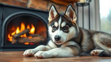 Cozy husky relaxing by the fireplace in a warm home during winter photo