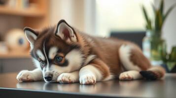Cute husky puppy relaxing on a table in a bright room with plants and soft lighting photo