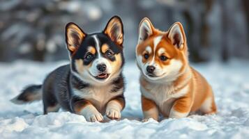Cuddly corgi puppies play together in snowy winter landscape during the afternoon photo