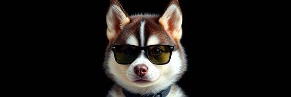 Siberian husky wearing sunglasses poses against a black background showcasing a cool and confident canine personality photo