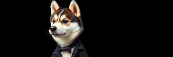 Dog in a tuxedo posing confidently against a black background during a studio session photo