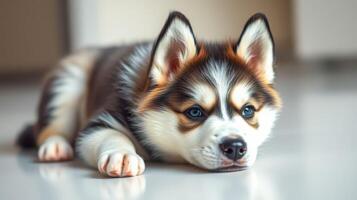 Cute puppy resting indoors with a calm expression on its face in soft lighting photo