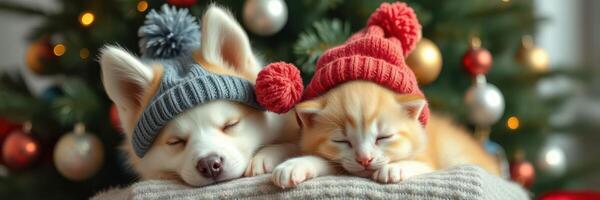 Cute dog and cat sleeping together wearing winter hats during festive holiday season photo