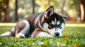Cute husky puppy lying on green grass in a sunny park during late afternoon photo