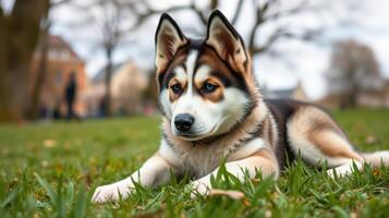Beautiful husky dog resting on green grass in a park on a clear day with trees in the background photo