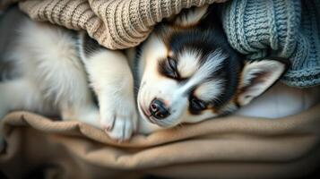 Cute corgi puppy sleeping comfortably on soft blankets during a cozy indoor moment photo