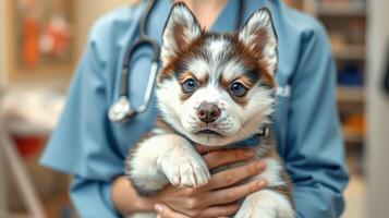 Caring veterinarian holds a cute husky puppy in a clinic during a routine check-up photo