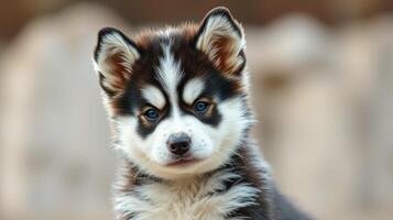 Cute husky puppy posing outdoors in soft sunlight, showcasing its playful expression and distinctive fur pattern photo