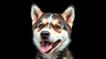 Playful corgi puppy smiling with tongue out on a dark background in a joyful moment photo