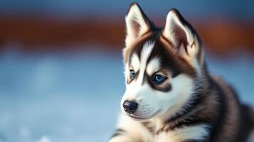 Adorable husky puppy with striking blue eyes relaxing indoors on a cozy surface photo