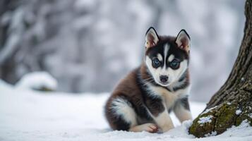 Cute husky puppy playing in the snow near a tree during winter photo