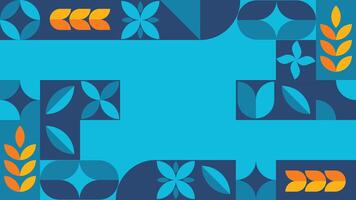 A modern geometric background featuring stylized flowers, leaves, and abstract shapes in blue and orange tones. Ideal for digital design, branding, posters, and presentations. vector
