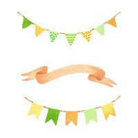 Set of garlands with ribbon for text.Watercolor and markers illustration.Hand drawn isolated stripe and bunting for banner.Clip art for message,cards or invitations,seasonal holidays vector
