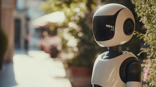 A robot standing in front of a building photo