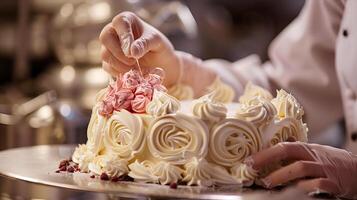 A person is decorating a cake with frosting photo