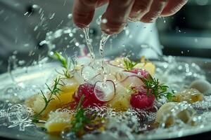 A chef sprinkling water on a plate of food photo