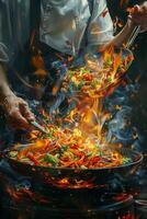A chef is cooking food in a pan with flames photo