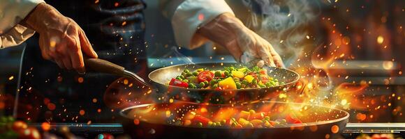 A chef is cooking food in a pan with flames photo