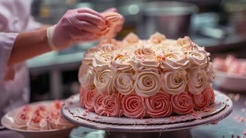 A person is decorating a cake with frosting photo