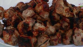 Grilled meat pieces, seasoned with a blend of spices, create an enticing dish ideal for barbecues and outdoor gatherings, offering a delightful experience for summer meals. Close up shot ruddy kebab video