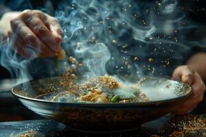 A person is stirring a bowl of food photo