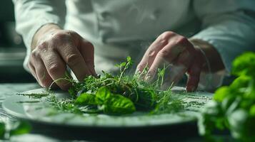 Chef preparing fresh herbs on a plate photo