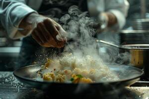 A chef is cooking pasta in a pan photo