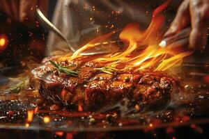 A steak is being cooked on a grill with flames photo