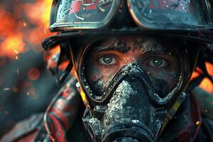 A firefighter wearing a gas mask and helmet photo