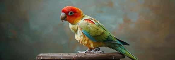 A colorful parrot sitting on top of a wooden stool photo