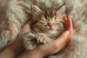 A kitten sleeping in a person's hands photo
