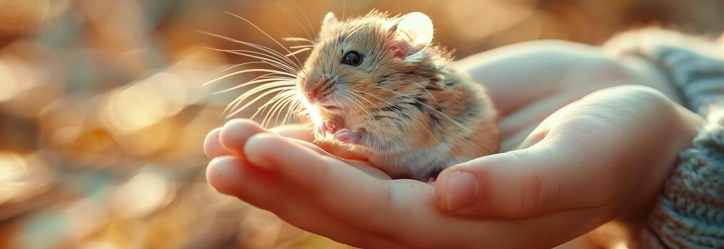 A small hamster is being held in the hands photo
