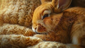 A small rabbit is laying on a blanket photo