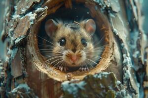 A hamster peeks out of a hole in a tree photo
