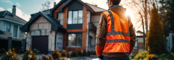 A man in an orange vest standing in front of a house photo