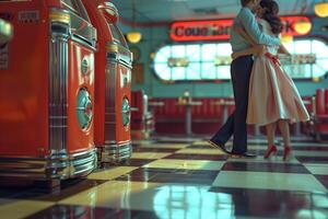 A couple is standing in front of a jukebox photo