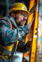A man in safety gear climbing on a ladder photo