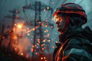 A man in a fire suit and helmet standing in front of a power line photo