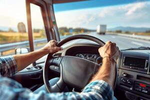 A man driving a truck on the highway photo