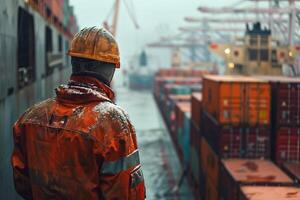 A man in an orange hard hat standing on a dock photo