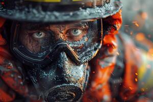 A man wearing a gas mask and a helmet photo
