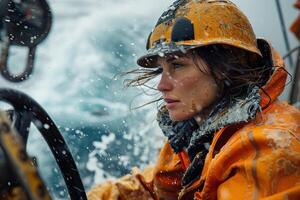 A woman in an orange jacket and hard hat on a boat photo