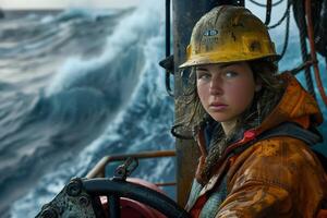 A woman in an orange hard hat on a boat photo
