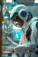 A robot in a factory setting with a computer photo