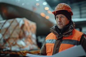 A man in an orange vest and hard hat standing in front of a large airplane photo